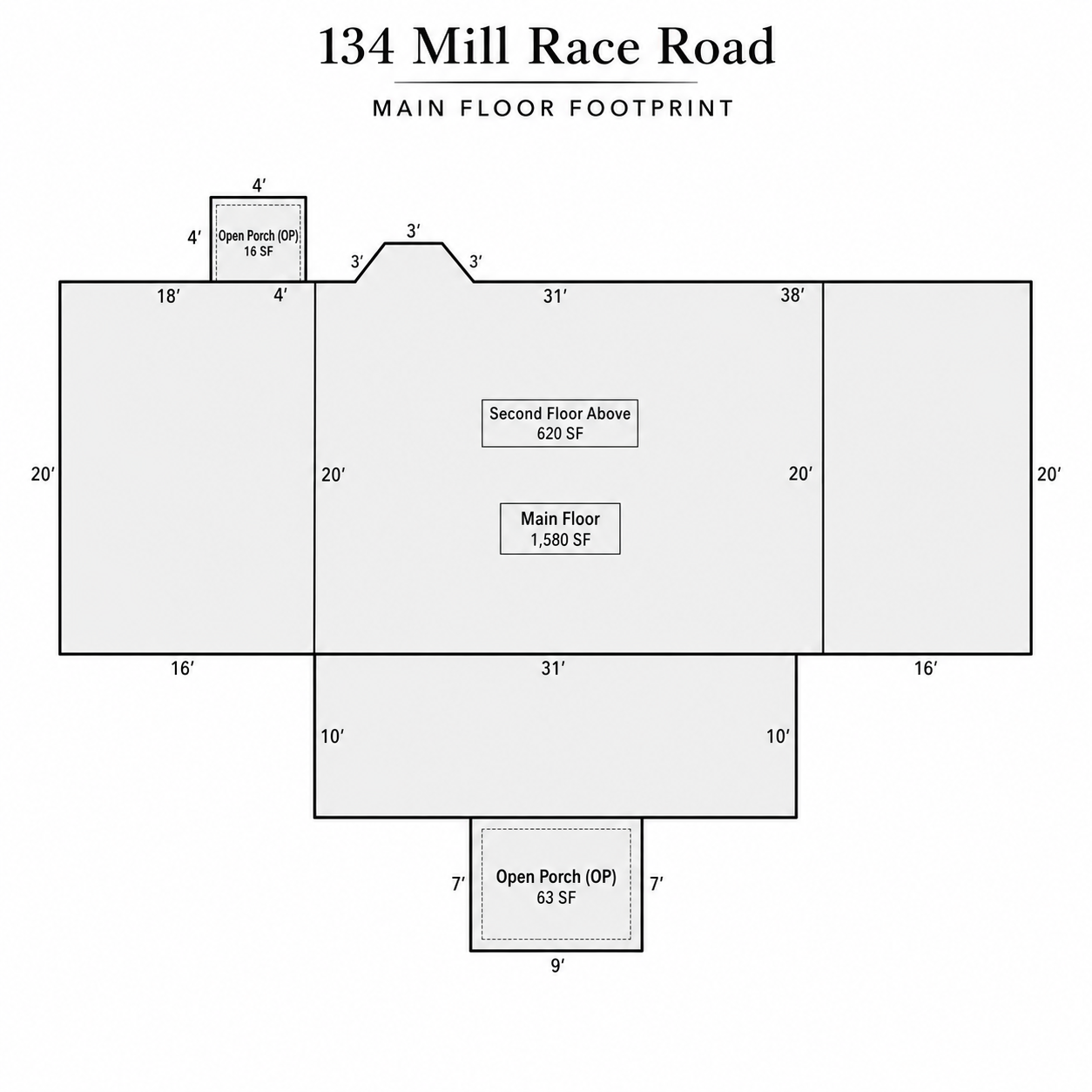 Main floor footprint diagram for 134 Mill Race Road